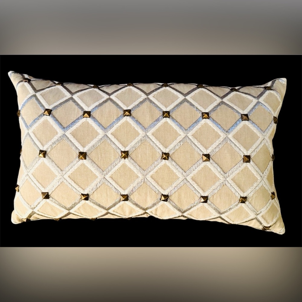 Callisto Designer Embroidered & Brass Stud Accent Lumbar Pillow Cover Luxury